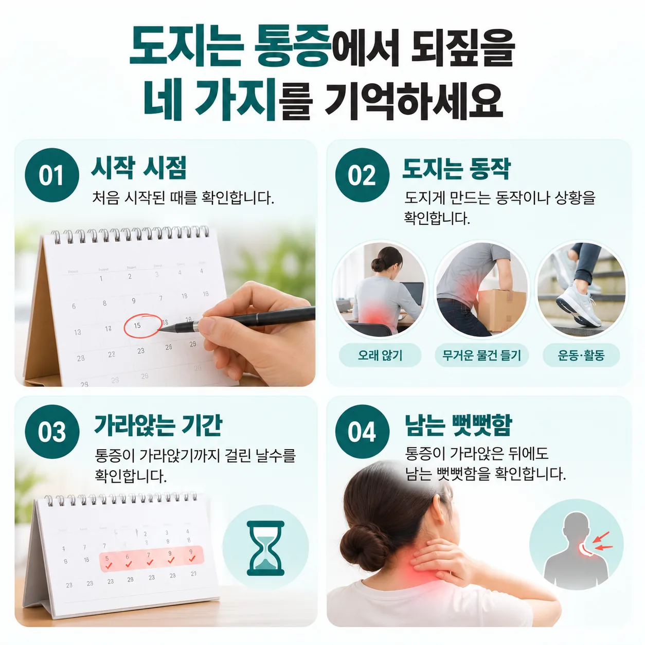 반복 통증 되짚기 네 가지 항목 정리
