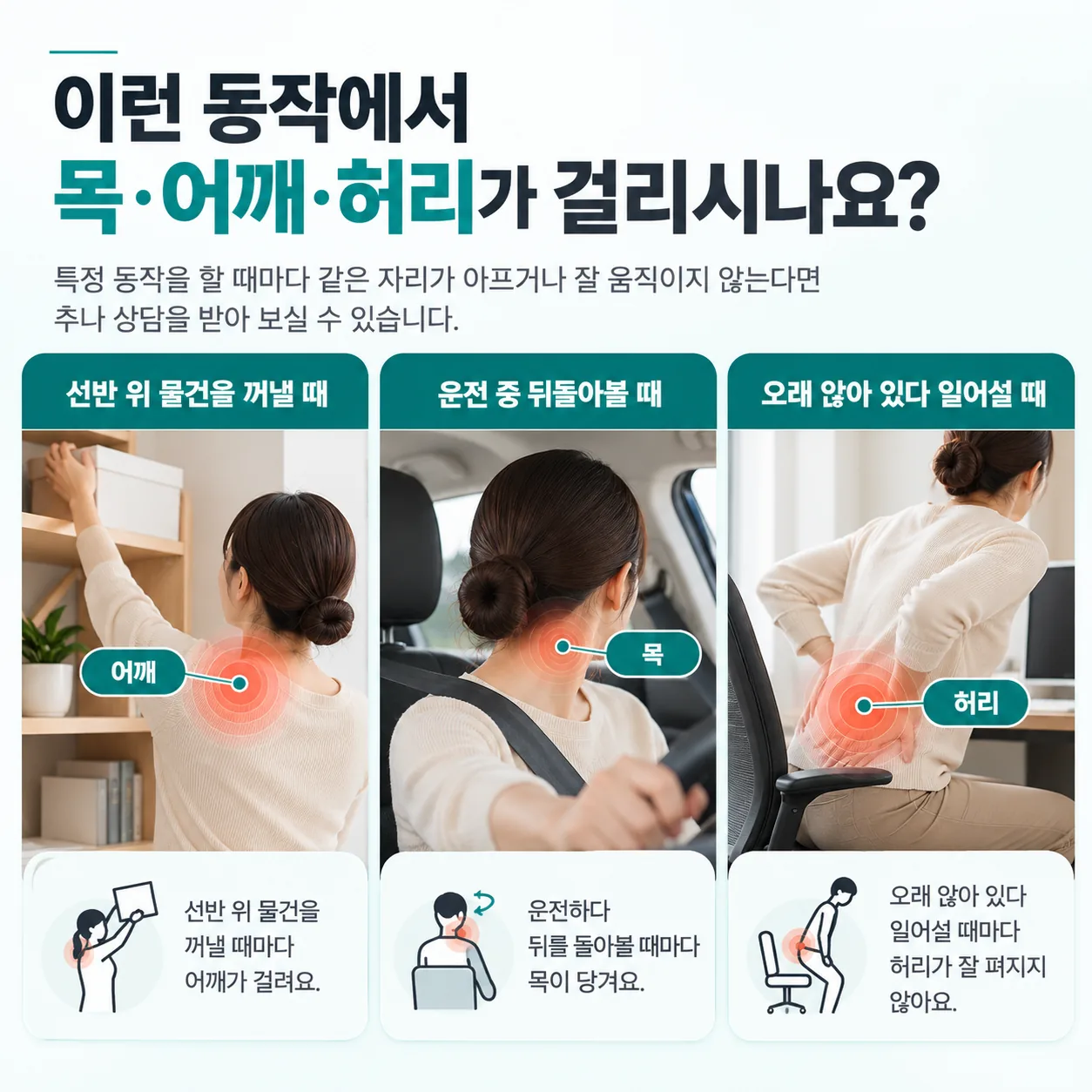추나 상담에서 확인하는 목 어깨 허리가 걸리는 일상 동작 개념도
