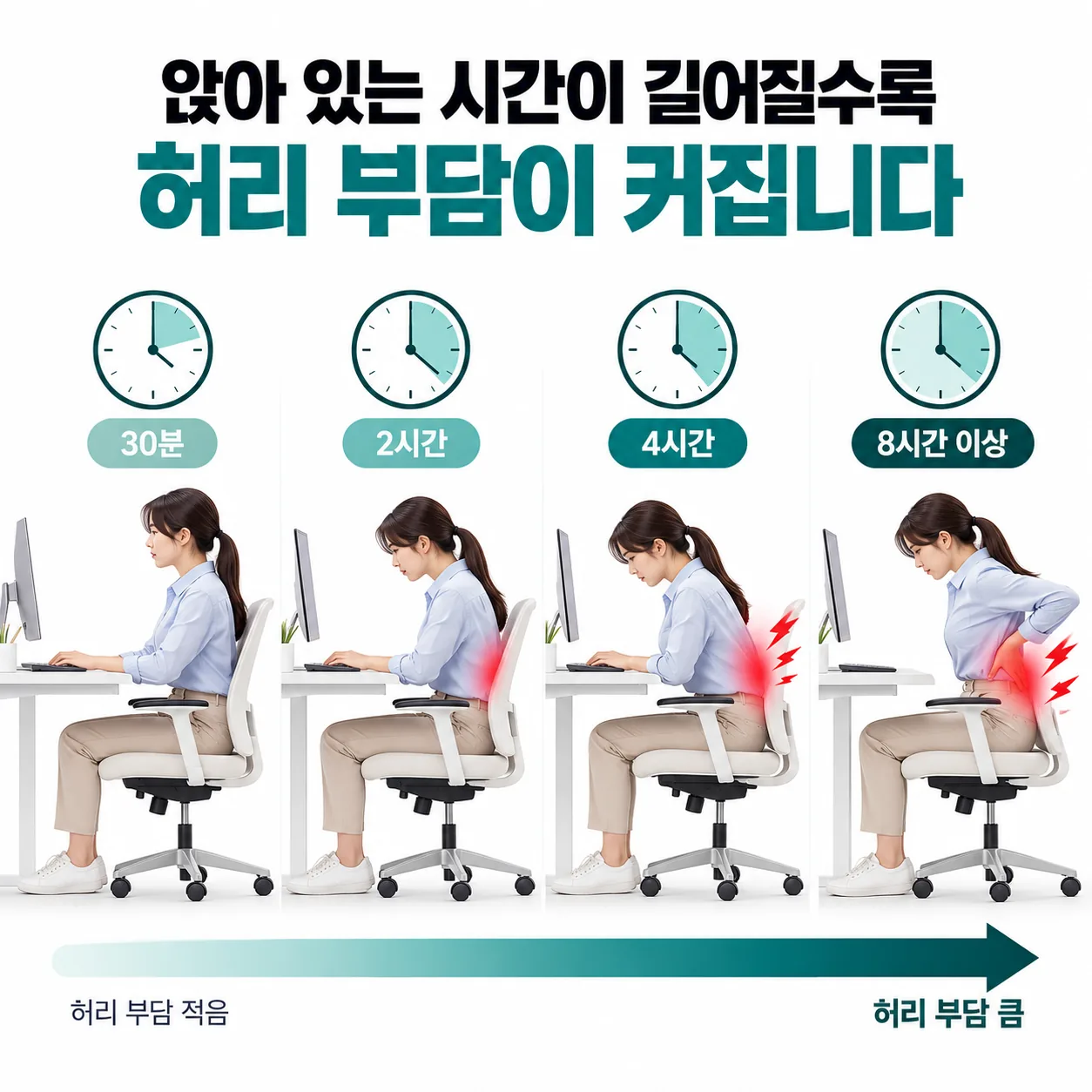 앉아서 일할 때 허리 통증과 앉아 있는 시간의 관계 개념도