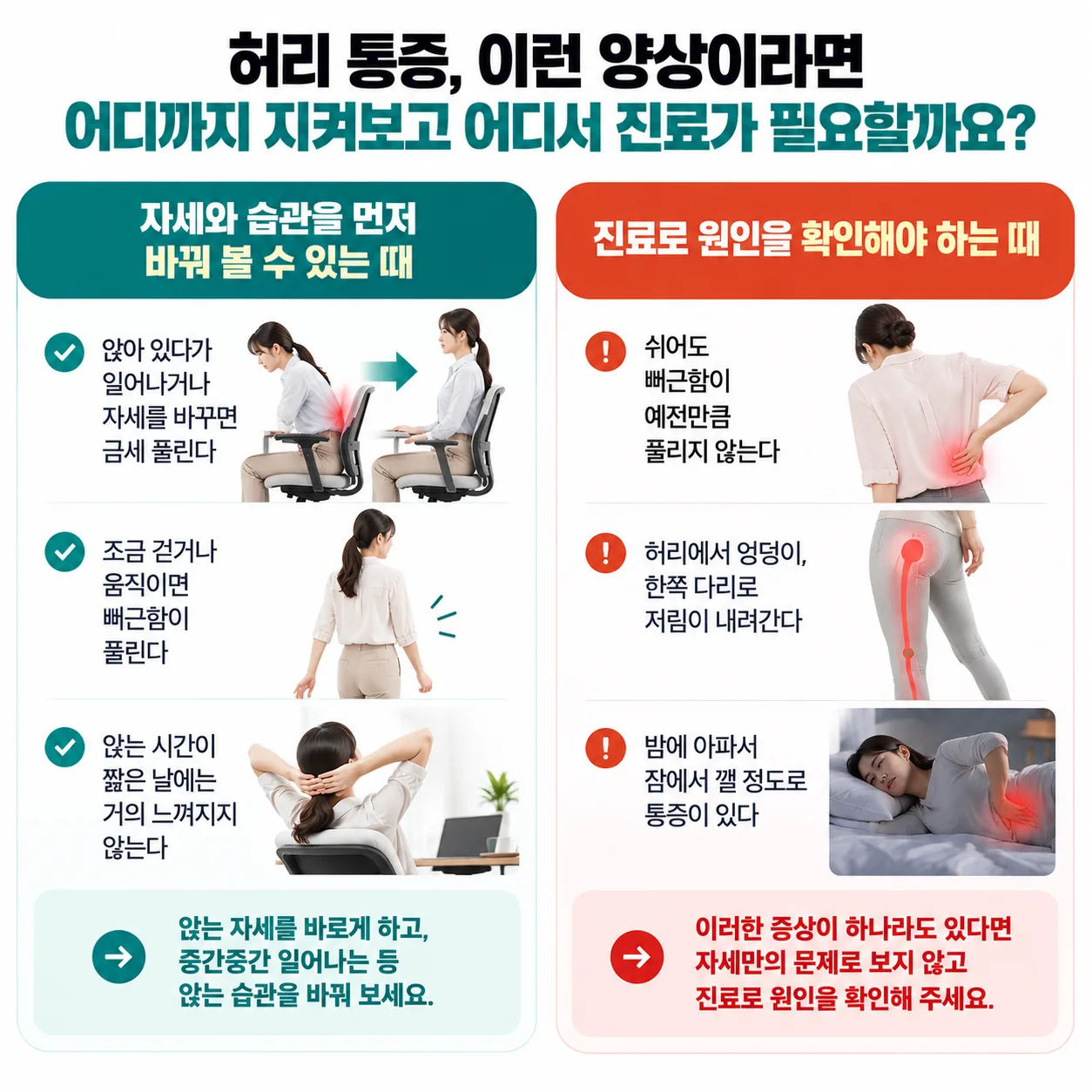 자세 교정으로 볼 허리 뻐근함과 진료로 확인할 허리 통증의 구분 도식