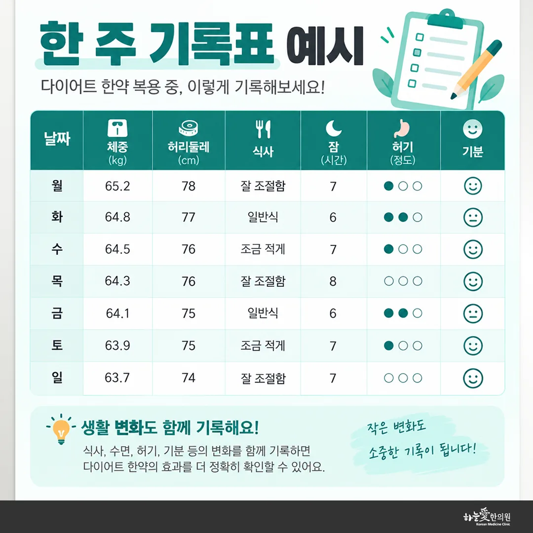 다이어트 한약 복용 중 체중과 허리둘레, 식사, 잠, 허기, 기분을 적는 한 주 기록표