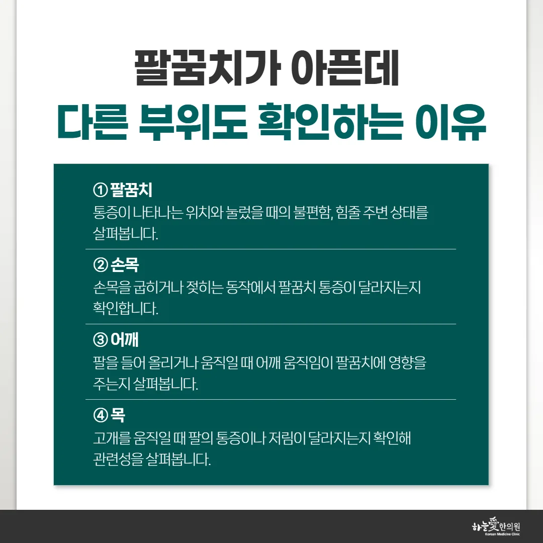진료에서 팔꿈치와 손목, 어깨, 목을 함께 살피는 순서 도식