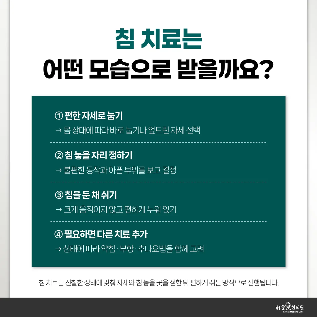 침 치료를 받을 때 눕는 자세와 엎드리는 자세 안내 도식