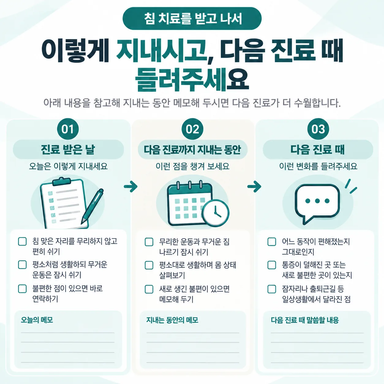 침 치료를 받은 뒤 다음 진료까지 적어 둘 메모표
