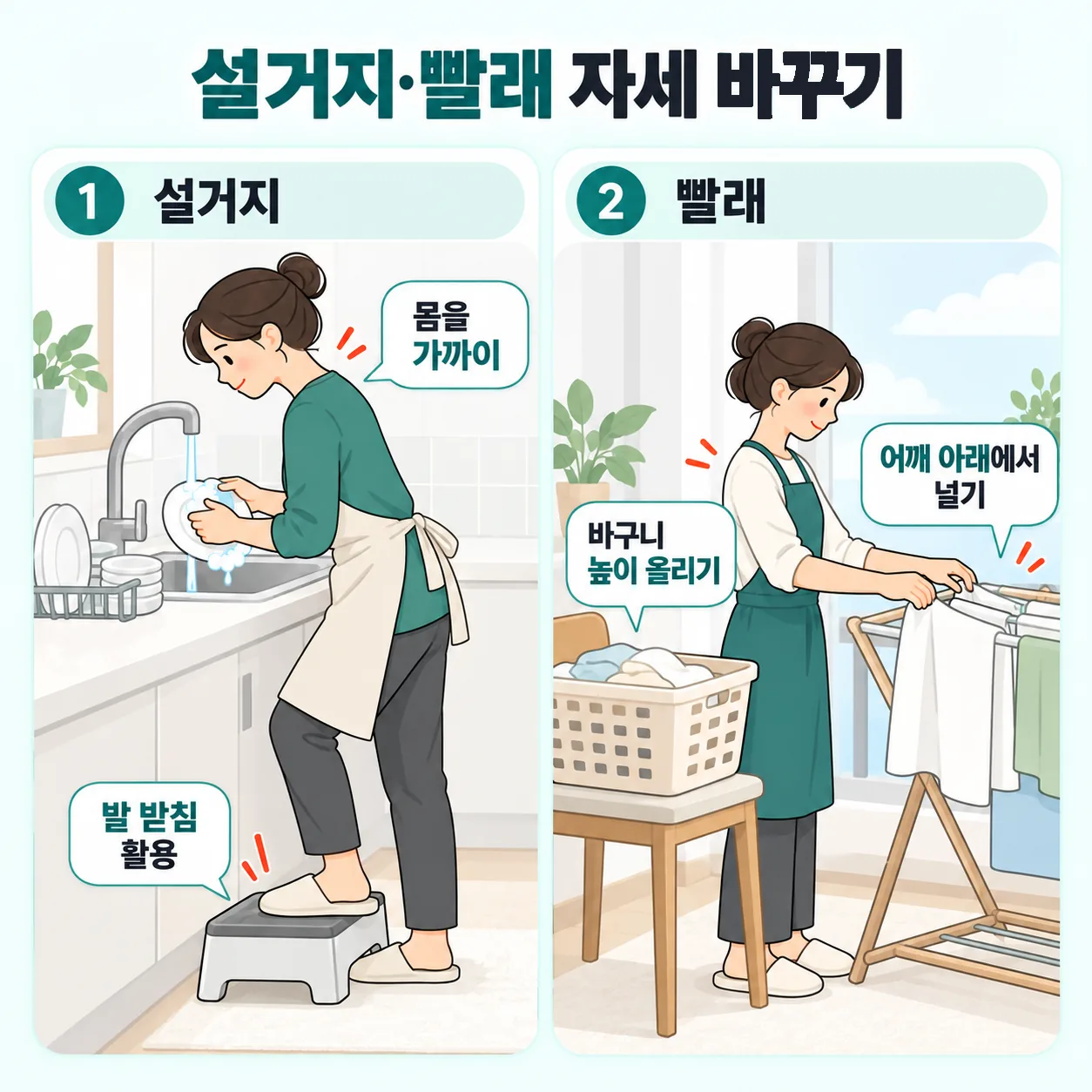 빨래 바구니와 건조대 높이를 맞춘 자세와 싱크대 앞 발 받침 자세 도식