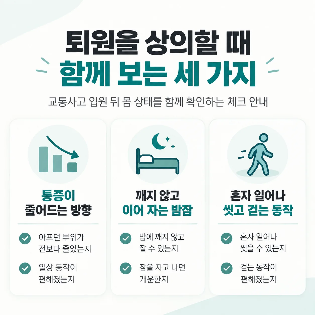교통사고 입원 뒤 퇴원을 상의할 때 함께 보는 세 가지 체크 그림